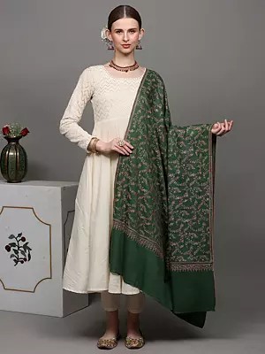 Mint-Green Pure Pashmina Shawl with Detailed Floral Jaal Sozni Embroidery by Hand