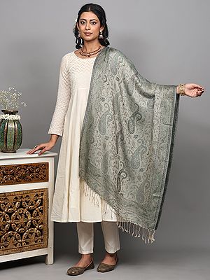 Reversible Jamawar Stole from Amritsar with Woven Paisleys and Flowers in Multi-Color Thread