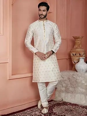 Ethnic Motifs Print And Mandarin Collar Attractive Jacquard Silk Brocade Kurta With Pajama