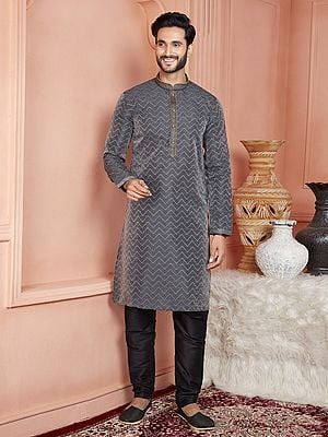 Zig-Zag Pattern Printed Attractive Jacquard Silk Brocade Kurta With Pajama
