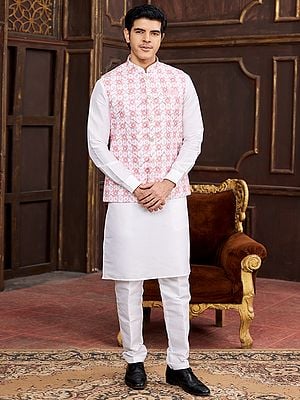 All Over Sequins Work Attractive Art Banarasi Silk Traditional Wedding Wear Kurta Pajama With Waistcoat