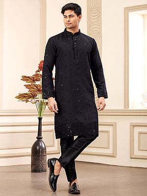 Men's Black Thread And Sequins Work Mandarin Collar Attractive Art Banarasi Silk Kurta Pajama Set