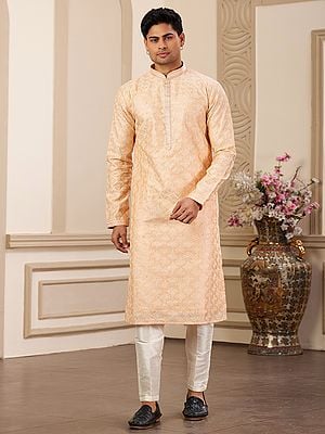 Festive Wear Sequins And Thread Work Art Banarasi Silk Kurta Pajama Set For Men