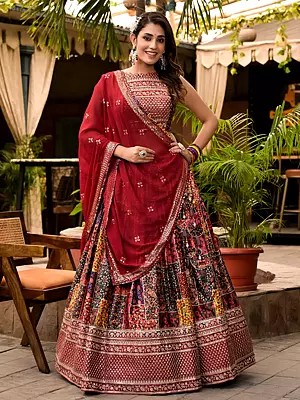Elegant Digital Print With Embroidery Work Wedding Wear Satin Lehenga Choli With Georgette Dupatta