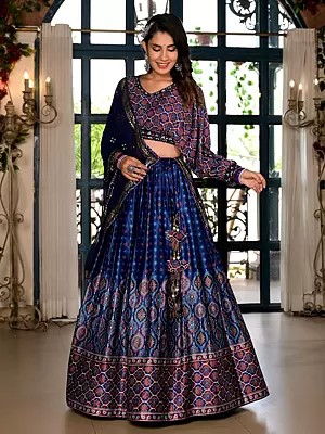 Stunning Digital Print Festive Wear Satin Lehenga Choli With Sequins Work Georgette Dupatta