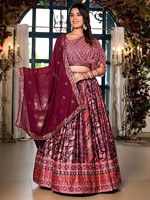 Bandhani And Paisleys Motifs Printed Satin Elegant Lehenga Choli With Attractive Sequins Work Dupatta