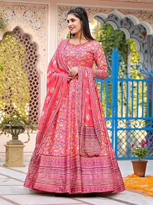 Dola Silk Floral Digital Print Elegant Flared Casual Wear Anarkali Gown With Soft Chinon Dupatta