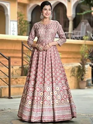 Soft Dola Silk Flared And Digital Print Elegant Festive Wear Anarkali Gown With Chinon Dupatta