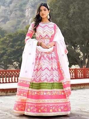 Stunning Zig-Zag Pattern Flared Soft Dola Silk Wedding Wear Anarkali Gown With Matching Chinon Dupatta