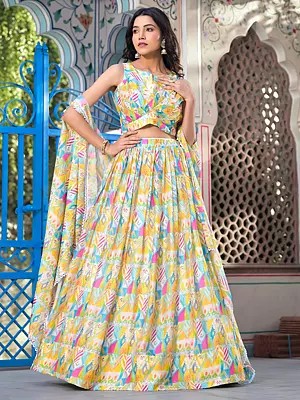 Abstract Digital Print Attractive Georgette Party Wear Lehenga Choli With Matching Shrug