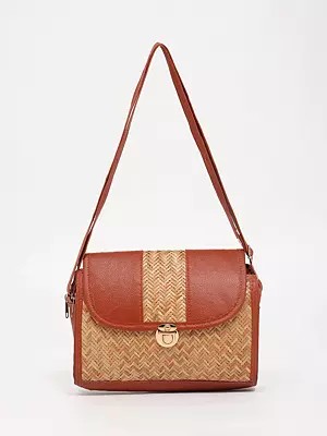 Burnt-Brick Bamboo Stripe Shoulder Bag with Dual Zip