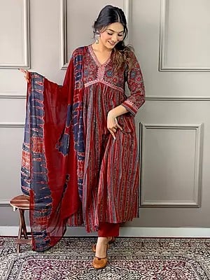 Cotton Bandhani Print Anarkali Kurta Set With Dupatta For Festival Occasion