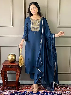 Embroidery And Sequins Work Straight Casual Wear Rayon Kurta Set With Chinon Dupatta