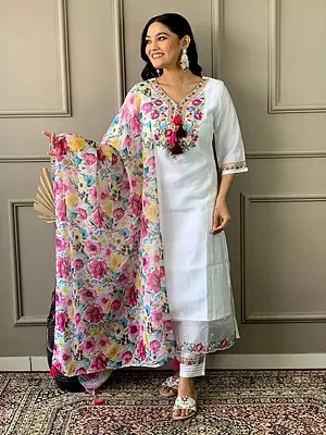 Elegant Floral Embroidery Chanderi Festive Wear Kurta Set With Attractive Printed Organza Dupatta