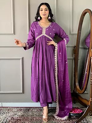 Stunning Viscose Embroidery Work Flared Anarakli Style Kurta Set With Matching Chinon Dupatta