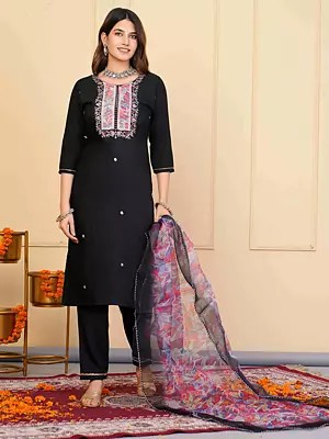 Rayon Slub Elegant Black Embroidered Kurta Set With Floral Printed Dupatta For Festive Occasion