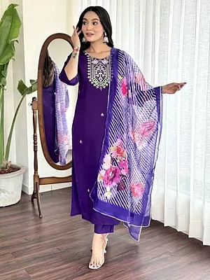 Straight Attractive Viscose Chanderi Embroidery Work Kurta Set With Floral Print Dupatta