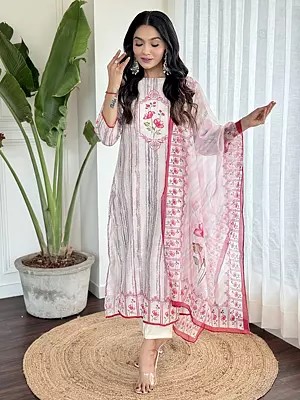 Floral Print A-Line Viscose Chanderi Festive Wear Kurta Set With Attractive Dupatta