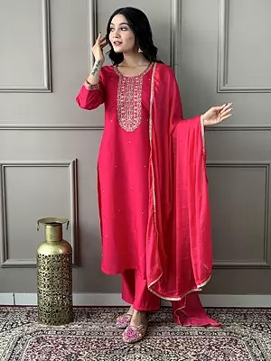 Viscose Chanderi Attractive Embroidery And Sequins Work Kurta Set With Matching Dupatta