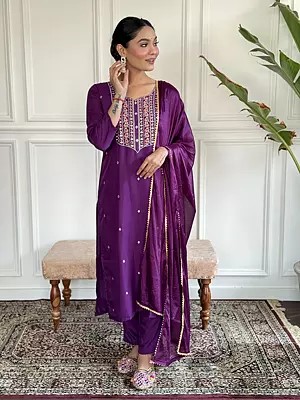 Rayon Slub Embroidery Work Straight Attractive Long Kurta Set With Matching Dupatta