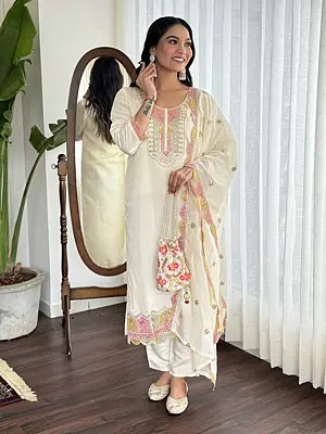 Elegant Off-White Embroidery And Sequins Work Viscose Chanderi Kurta Set With Matching Dupatta