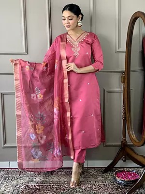 Sequins Work Straight Viscose Chanderi Party Wear Kurta Set With Floral Print Dupatta