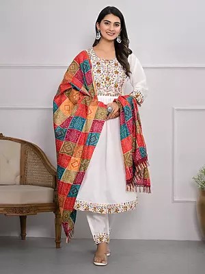 Floral Thread And Embroidery Work Viscose Silk A-Line Kurta Set With Bandhani Print Dupatta