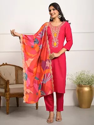 Silk Viscose Embroidery And Sequins Work Party Wear Kurta Set With Abstract Printed Dupatta