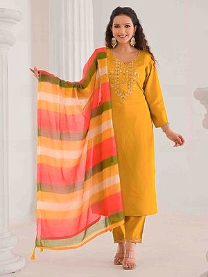 Women’s Embroidery Work Ethnic Festive Wear A-Line Viscose Chanderi Kurta Set With Multicolor Dupatta