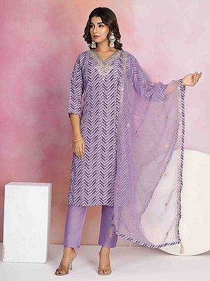 Zig-Zag Pattern Printed Attractive Straight Party Wear Viscose Chanderi Kurta Set With Organza Dupatta