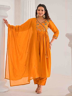 Traditional Embroidery And Sequins Work Flared Viscose Chanderi Angrakha Kurta Set With Matching Dupatta