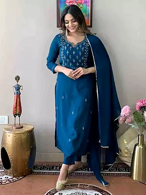 Rayon Slub Embroidered Ethnic Motifs Fancy Party Wear Kurta Set With Chinon Dupatta