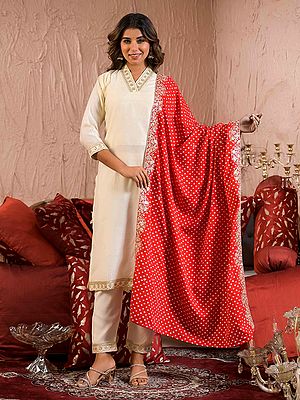 Elegant V-Neck Attractive Sequins Work Festive Wear Straight Rayon Slub Kurta Set With Bandhani Print Dupatta