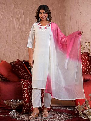 Attractive Viscose Chanderi Embroidery Work Straight Festive Wear Kurta Set With Dupatta