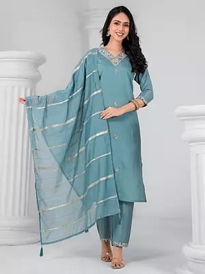 Chanderi Sequins Work Floral Motifs Attractive Party Wear Kurta Set With Striped Pattern Dupatta