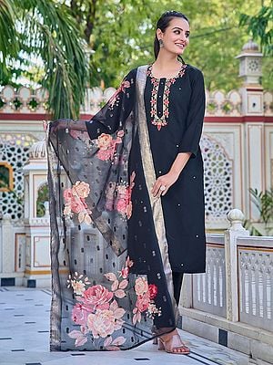 Black Chanderi Embroidery And Sequins Work Attractive Kurta Set With Floral Print Dupatta