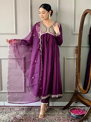 Grape-Purple Embroidery Work Traditional Elegant Anarkali Style Chanderi Suit With Matching Dupatta