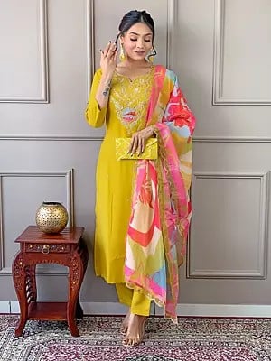 Golden-Brown Viscose Paisley Motifs Embroidered Work Attractive Kurta Set With Multicolor Printed Dupatta