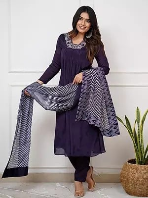 Bleached-Cedar Designer Embroidery Work Attractive Party Wear Kurta Set With Striped Dupatta
