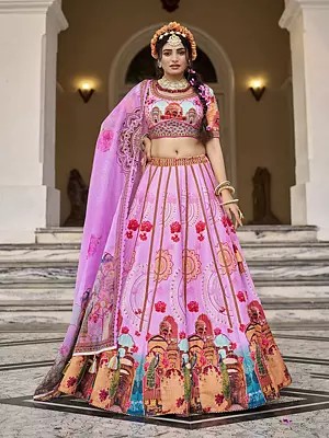 Art Silk Temple And Peacock Motifs Print Sequins Work Attractive Lehenga Choli With Dupatta