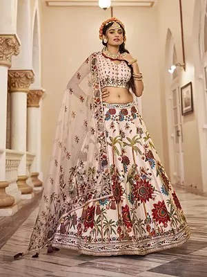 Stunning Tropical Floral Print And Sequins Work Art Silk Lehenga Choli With Dupatta
