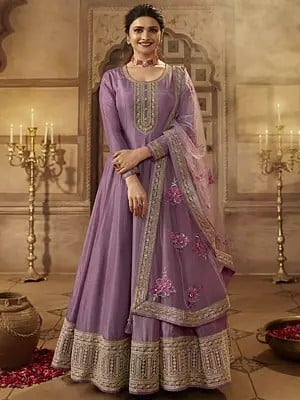 Silk Elegant Sequins And Embroidery Work Anarkali Gown With Floral Tassels Dupatta