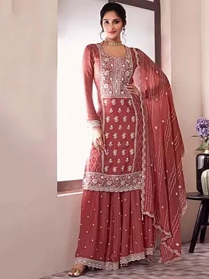 Attractive Thread Embroidery And Sequins Work Chinon Palazzo Suit With Dupatta