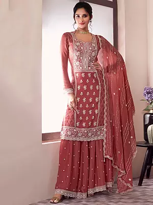 Attractive Thread Embroidery And Sequins Work Chinon Palazzo Suit With Dupatta