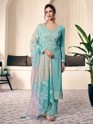 Stunning Silk Thread And Sequins Work Festive Wear Salwar Suit With Floral Dupatta