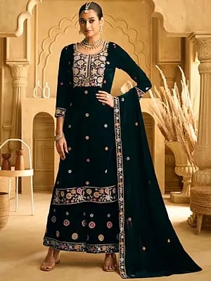 Floral Embroidery And Sequins Work Party Wear Velvet Palazzo Suit With Matching Dupatta