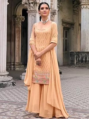 Deep-Peach Attractive Zig-Zag Pattern Sequins And Embroidery Work Sleeveless Kurti With Sharara