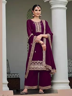 Blackberry Stunning Georgette Thread Embroidery Work Kurta With Palazzo For Casual Occasion