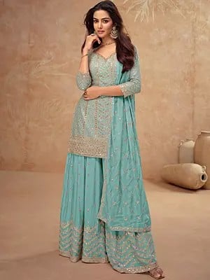 Chinon Thread Embroidery And Sequins Work Festive Wear Palazzo Suit With Matching Dupatta