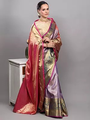 Prism-Violet Bridal Saree from Kumbakonam with Zari Brocaded Chevron Pattern and Peacock Wide Border